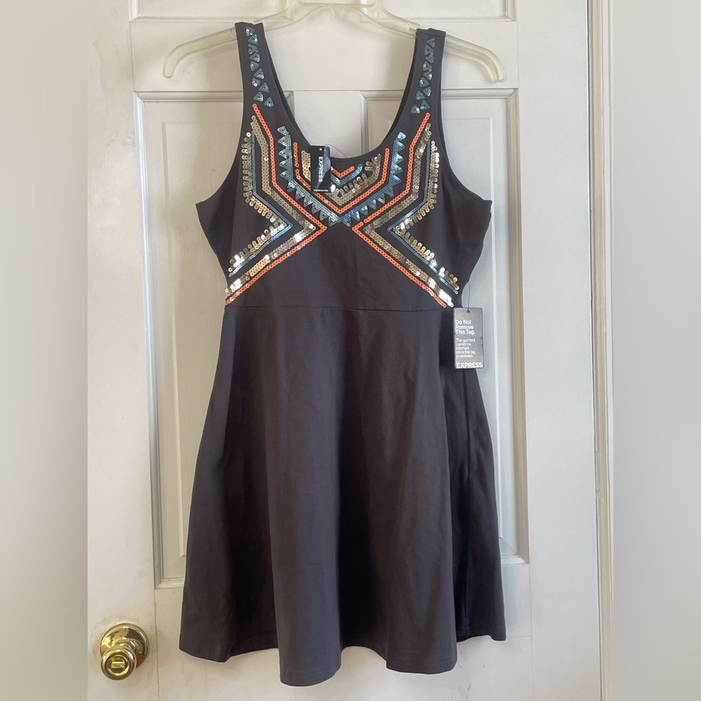 NWT Express Aztec Sequin Embellished Sleeveless Dress Gray Size L Southwestern